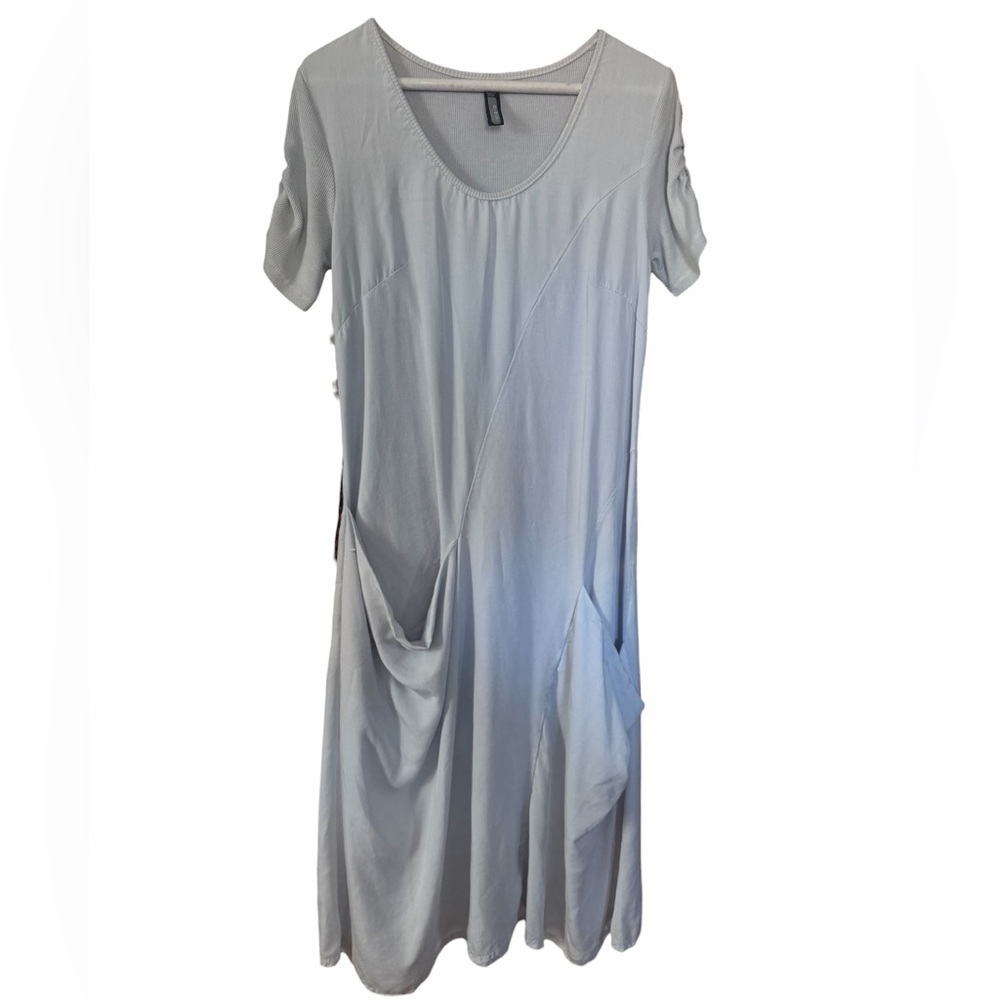 Inizio Flutter Linen Dress Sz M White Asymmetric Lagenlook Pocket Ribbed Back